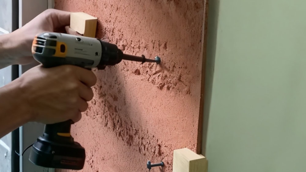 Hands using a drill to attach wood blocks to a pink wall with nails