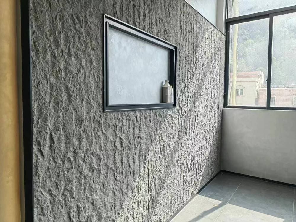 framed flexible stone panel on textured wall near window