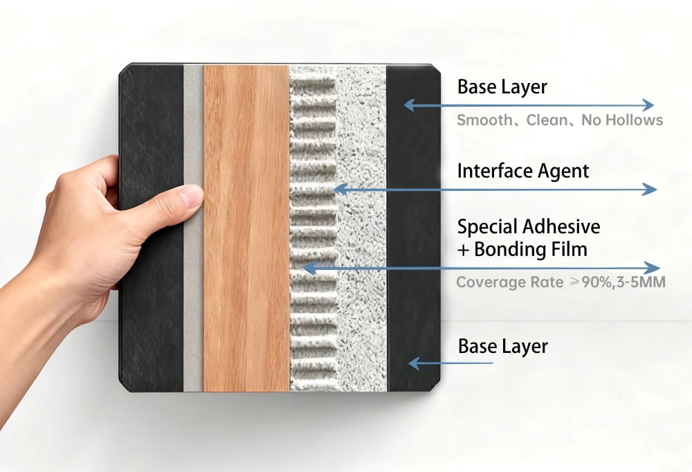 Diagram showing Angtai flexible stone installation layers held by a hand.