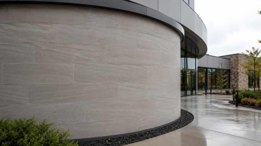 Person placing flexible stone tile on wall near window