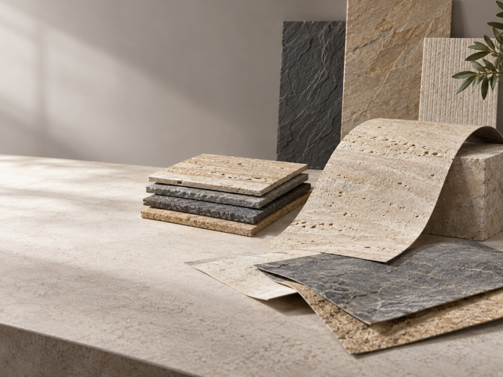 framed flexible stone panel on textured wall near window