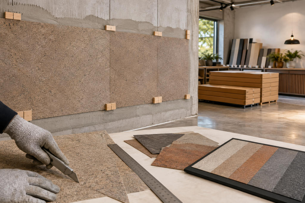 smooth gray concrete wall with vertical seams and small indentations