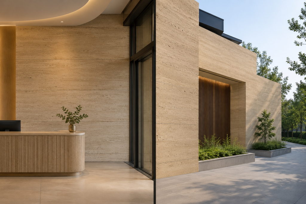 framed flexible stone panel on textured wall near window
