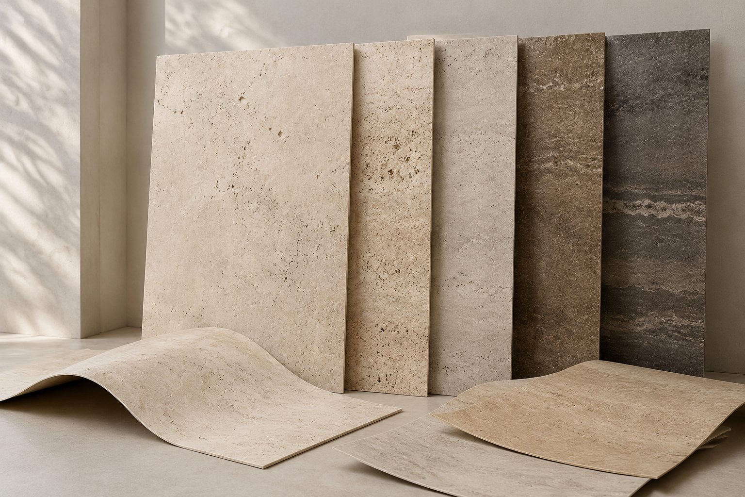 Curved wall displaying Angtai's colorful, textured stone samples at Marmomac 2025